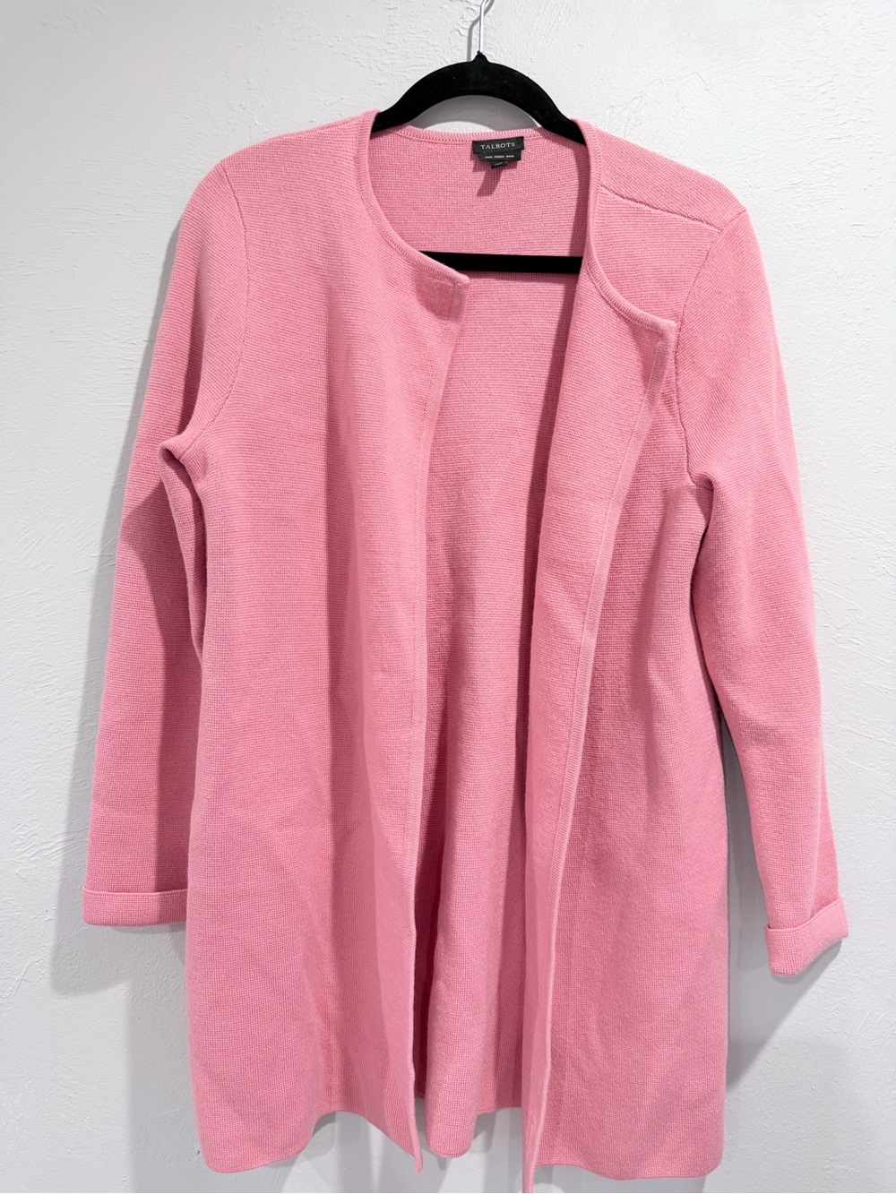 Talbots 100% Merino Wool Long Open Front Cardigan Pink Women’s Medium
